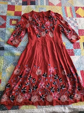 Rust Floral Embroidered Women’s Dress